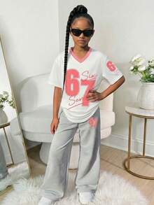 Sparklyn 2 pièces/Set Maillot de basket casual de rue pour filles, col en V, manches courtes et pantalon de sport à jambes larges, Printemps/Été - Blanc - Voir 2