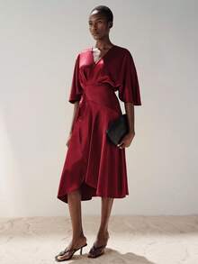 Aveloria Modichic Dunkelrot, Herbst, elegant, Party-Midi-Kleid aus Satin-Acetat-Stoff, figurbetont und ausgestellt, A-Linie, V-Ausschnitt, Wickelkleid, Metall-D-Ring-Gürtel, asymmetrischer Drapier-Saum, Fledermausärmel - Bordeaux - Übersicht 5