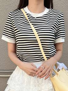 FRIFUL Women's Striped Round Neck Short Sleeve Casual T-Shirt With Button Design At Back - Black - View 2