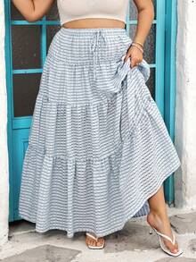 SHEIN CURVE+ Chân váy chữ A xếp ly, thắt eo, dáng suông, họa tiết sọc dành cho nữ cỡ lớn. - Xanh và trắng - Xem 8