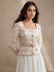 Anewsta Square Neck Long Sleeve Fitted Lace Hollow-Out Mesh Waist Tie 2 In 1 Elegant Pleated Skirt, Suitable For Valentine's Day, Vacation, New Year White - Apricot - View 6