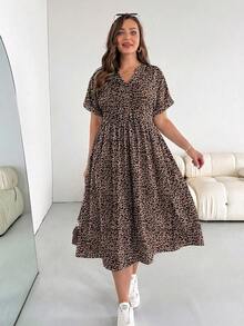 SHEIN Essnce 大码豹纹短袖休闲度假连衣裙 - 彩色 - 查看 3