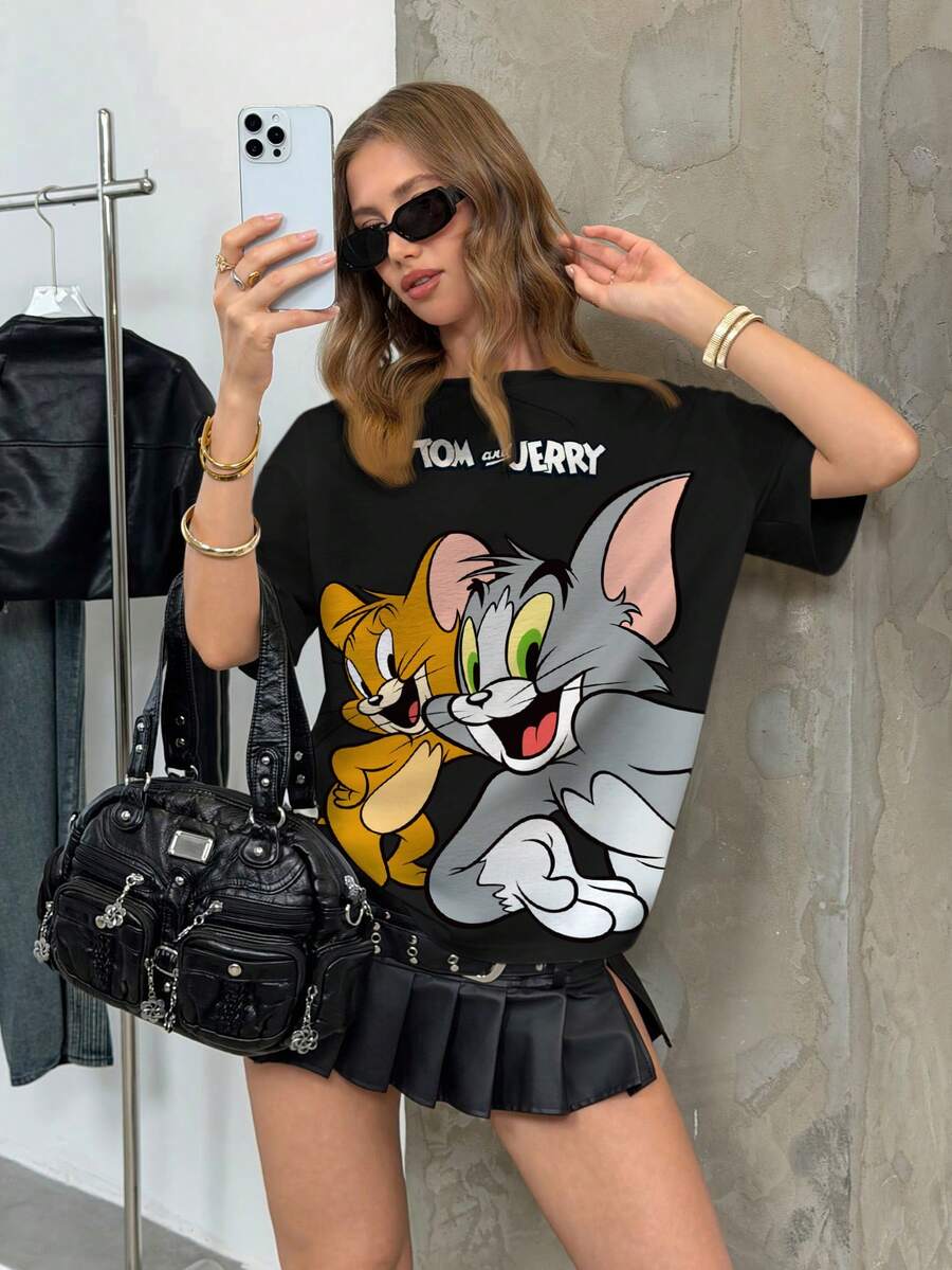 TOM & JERRY X SHEIN Áo thun ngắn tay nữ cổ tròn in chữ hoạt hình, kiểu dáng thường ngày, đa năng. - trắng - Xem 1