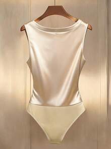 SHEIN Franclia 女士奢华香槟色缎面珍珠领连体衣 - 杏色 - 查看 2