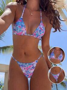 Swim Mod 2pcs/Set Colorful Print Micro Triangle Bikini Bottoms, Sexy Style Zestiva Swimsuit Zebra Bikini Set Zoo Outfit Women Coachella Zip Lining Outfit Holiday Summer - Multicolor - View 3