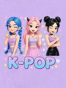 三件套少女休闲上衣，春夏秋季，时尚创意个性清新简约虚拟少女组合彩色五角星音乐符号爱心星星字母印花三件套，黑色紫色粉色，舒适日常夏季款式，适合少女穿着。 - 彩色 - 查看 8