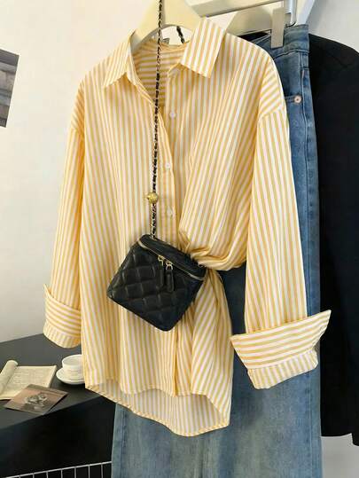 Franclia Spring/Summer Elegant Blouse, Yellow Stripes Front-Open Button Casual Long-Sleeve Linen Blouse. Oversized Shirt Loose Shirt Long Shirt Casual Clothes Oversized Blouse