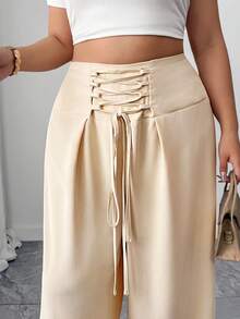 Elenzga 时尚系带开衩纯色直筒大码裤，适合日常穿着、居家、度假、派对、音乐节等各种场合。 - 杏色 - 查看 4