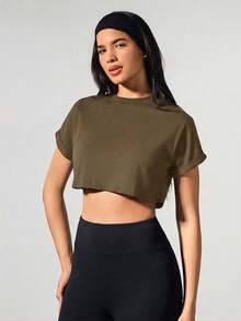 Fluxe Solid Color Knit Round Neck Short Sleeve Loose Cropped Casual Women T-Shirt,Summer Top - Mocha Brown - View 7