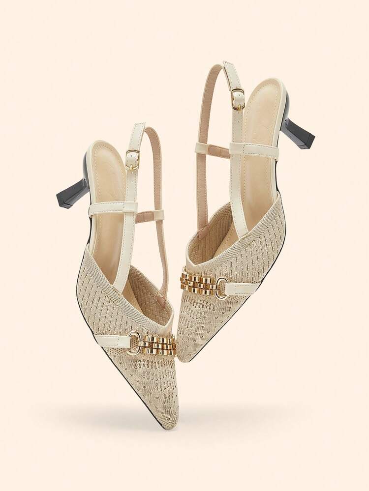 CUCCOO BASICS Women's Pointed Toe Woven Buckle Design Apricot Color Stilettos, Fashionable & Versatile Daily Wear Spring Shoes