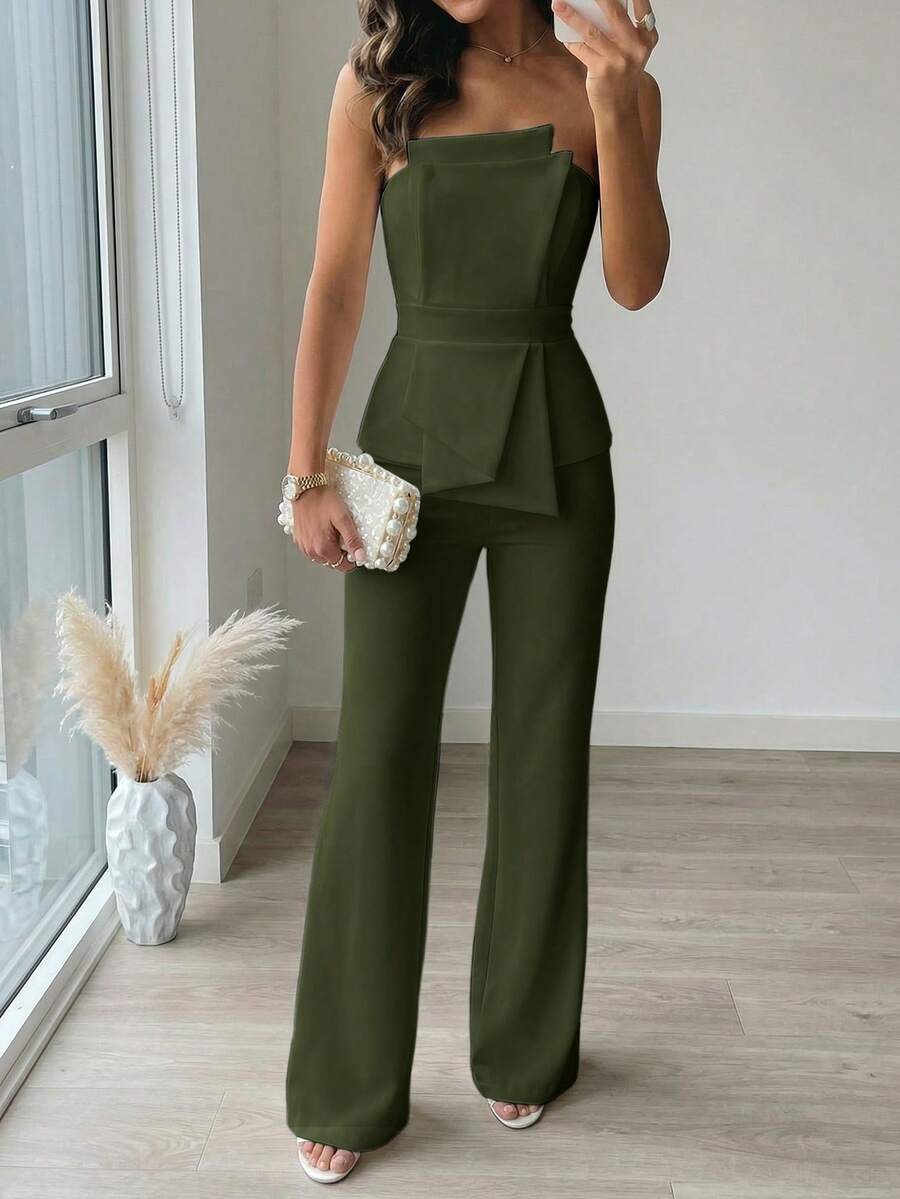 Firerie Summer Army Green Elegant Party Asymmetrical Strapless High-Waisted Jumpsuit,Refined Minimalist Chic For Weddings,Festivals & Dates - Army Green - View 1
