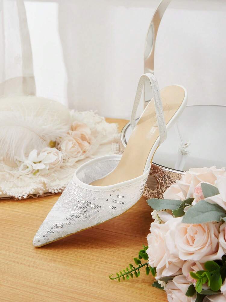 CUCCOO HITCHD Spring And Autumn New Products White Thin Heel Pointed Mesh Sequins Fashion Women's High Heel Shoes