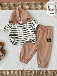 SHEIN 2pcs Baby Boy/Girl Khaki Striped Contrast Color Hooded Short Sleeve Top And Jogger Pants Set, Casual School Style All-Match Outfit Suitable For Home, Outings, School, Travel, Spring/Summer/Autumn - Khaki - View 5