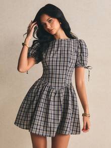 Poéselle Đầm ngắn xếp ly kẻ caro dành cho nữ, thời trang cho các buổi hẹn hò và tiệc tùng. - Màu xanh hải quân - Xem 3