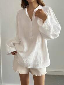 DAZY Women's Stand Collar Half-Placket Loose Lantern Sleeve Shirt - White - View 2