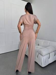Lavishia Conjunto cómodo y elegante de 2 piezas para uso diario: Top con pliegues de manga corta y pantalones de pierna ancha - Caqui - Ver 2