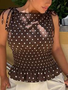 Maria Perezxox 女士优雅波尔卡圆点肩带蝴蝶结腰带抽绳无袖上衣，适合日常休闲穿着 - 咖啡棕 - 查看 3