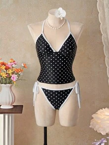Bellisia Bộ áo hai dây tankini in họa tiết chấm bi dành cho nữ - Đen và trắng - Xem 3