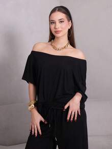 Duda Rubert Trang phục dạo phố tối giản mùa hè dành cho nữ Trang phục cơ bản hàng ngày Đi chơi thể thao Áo phông trễ vai thoải mái và quần dài ống rộng Bộ đồ hai mảnh - màu đen - Xem 4