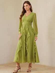 BELROSIE Women's Autumn Elegant Olive Green Chiffon V-Neck Ruched Maxi Dress, Dining Boho Multi-Layer Ruffle Trim Long Sleeve Cinched Waist Solid Dress - Mint Green - View 4