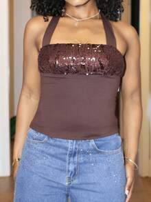 Steph T Vintage Y2K Sequin Patchwork Slim Fit Racerback Tank Top For Women - Coffee Brown - View 3