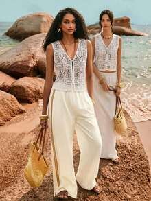 Poéselle Women's V-Neck Single-Breasted Hollow White Floral Crochet Tank Top,Summer Boho Vacation Holiday Lace Vest,Beach Music Festival Eyelet Cardigan Tops - White - View 9