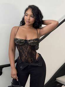 Alexandranx Bộ đồ liền thân lưới chắp vá gợi cảm cho nữ - màu đen - Xem 4