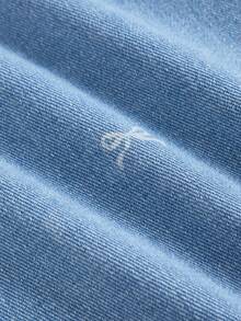 Girlism 少女款蓝色牛仔裙，饰有白色蝴蝶结图案 - 淺色水洗藍 - 查看 4