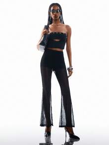 Airlisse Women's Solid Color High Waist Bodycon Super Shorts With Pastal Mesh Sheer Flared Leg, Spring/Summer Golf Girlisim - Black - View 3