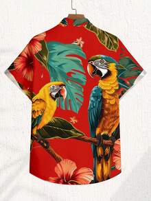 VIVINTIMO Camisa casual de uso diario versátil de solapa única con estampado floral y de loro para hombres - Rojo - Ver 4