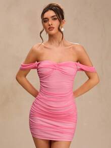 SHEIN BAE Women's Pink Ruched Mesh Dress,Elegant Sexy 70s Spaghetti Strap Minimalist Dress For Summer,Night Out,Party,Wedding Guest Attire,Graduation,Date - Baby Pink - View 7