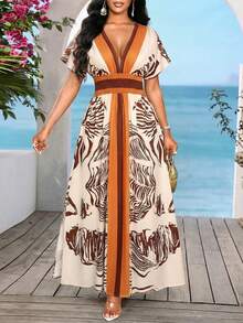 SHEIN Lady White Animal Print Boho Summer Holiday Dresses For Women,Elegant Floral V Neck Vacation Casual Long Dress,Beach Sundresses,Cruise Beachwear Outfits - Multicolor - View 1