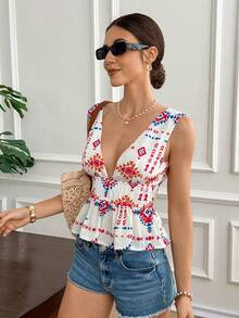 Women's Deep V-Neck Geometric Print Pleated Casual Versatile Daily Wear Blouse,Summer Top,Women's Summer Boho Plunge V-Neck Sleeveless Peplum Top Casual Vacation White Blouse,Elegant White Geometric Print Deep V Neck Ruched Waist Peplum Top For Beach Holiday,Women Summer Top White Boho Sleeveless Deep V Neck Ruffle Hem Peplum Blouse Casual Outfit,Holiday Outfits For Women ,Summer Holiday Outfits ,Casual Suit, Suitable For Everyday Wear. - Multicolor - View 3