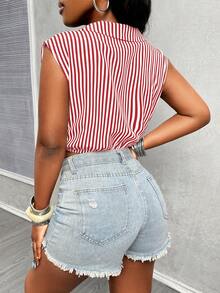 Glyssa 女士黑白条纹休闲度假日常通勤无袖露脐性感简约半开襟衬衫 - 紅色 - 查看 2