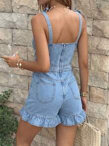 Sunnyshic Women's Casual Denim Jumpsuit With Ruffle Hem & Knot Detail - Light Wash - View 2