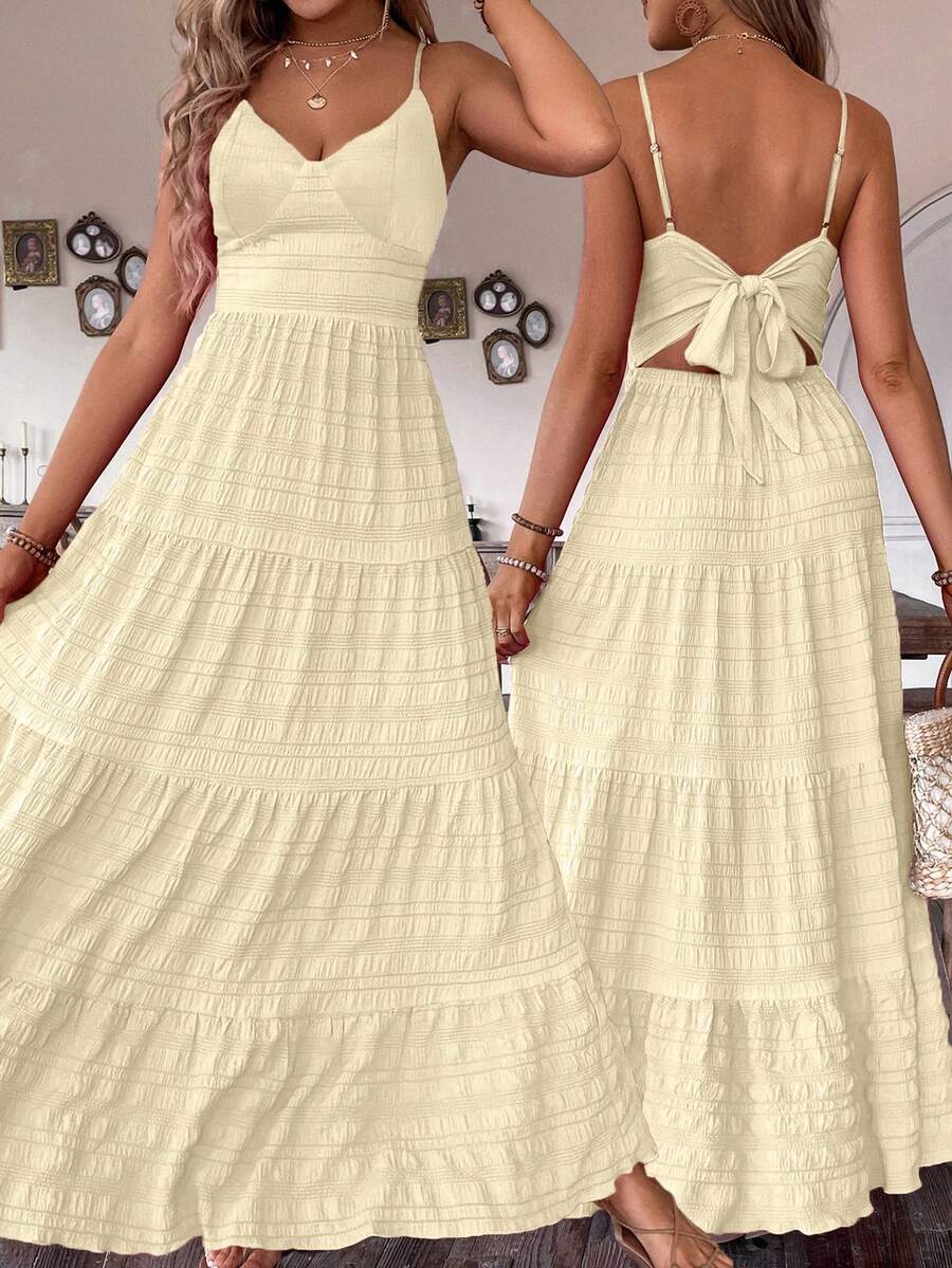 Breezaya Đầm kiểu đồng quê cổ điển nhiều lớp, phối vải chắp vá, thắt nơ, thích hợp cho sinh nhật hoặc dự tiệc cưới. - Vàng nhạt - Xem 1