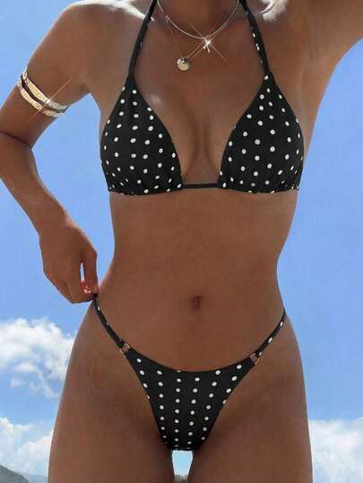 Swim Mod 2pcs Polka Dot Print Sexy Bikini Set, Micro Triangle Briefs, Summer
