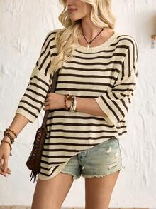 Breezaya Casual Coffee Brown Striped Rib-Knit Pullover Sweater For Women Long Asymmetrical Hem Round Neck Drop Shoulder Three Quarter Sleeve - Coffee Brown - View 3