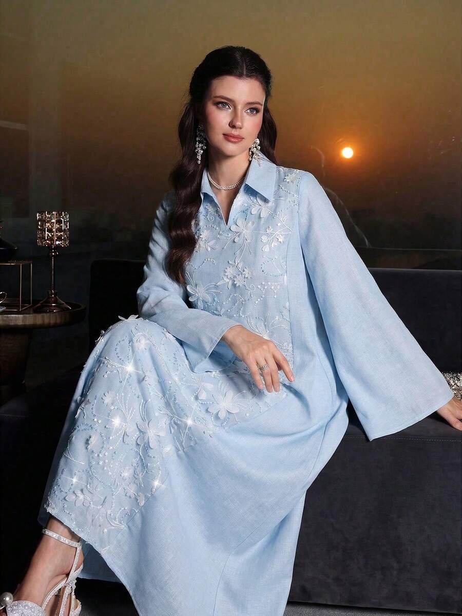 Yasmyna Women's 3D Floral Decor Casual Party Dress - Blue - View 1