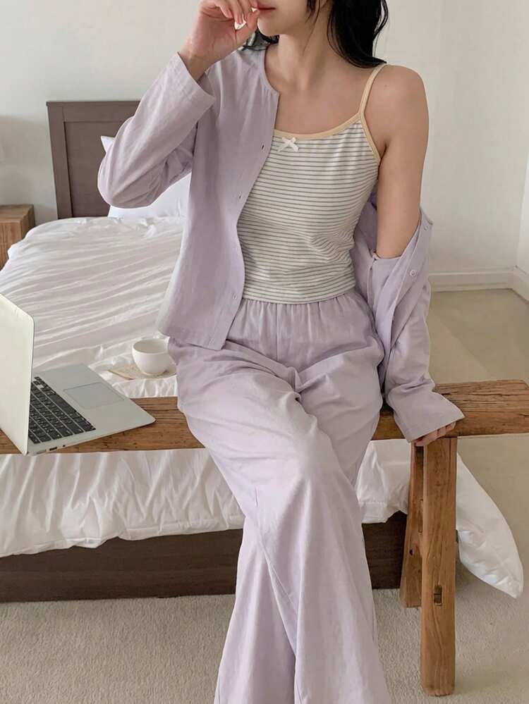 3pcs Striped Camisole, Solid Cardigan, And Pants Set, Women Spring Loungewear Outfit