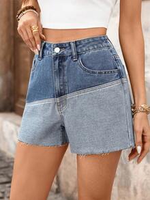 Breezaya 女士高腰口袋毛边休闲牛仔短裤 - 藍色 - 查看 3