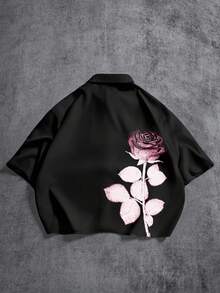 Manfinity ZONE917 宽松短袖休闲时尚粉色玫瑰负片印花衬衫，适合春夏穿着，送朋友的礼物 - 黑色 - 查看 1