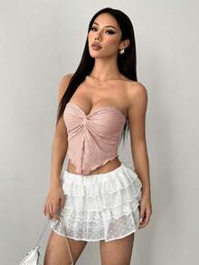 SHEIN PETITE 女款灰粉色針織紋理抹胸上衣，夏季時尚度假夜出門穿搭，打結開衩波浪邊修身款，下午茶街頭度假穿著，適合嬌小女性 - 淺粉色 - 查看 2