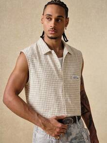 ROMWE MEN Street Life Men's Plaid Sleeveless Vest, Collegiate Style - Apricot - View 5