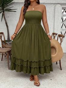SHEIN VCAY Vestido casual de vacaciones con cuello halter sin espalda de unicolor para mujer de talla grande - Verde militar - Ver 4