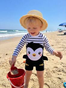 SHEIN Baby Boy Cute Penguin Pattern Raglan Sleeve Rash Guard & Swim Trunks Set,Kids - Multicolor - View 2