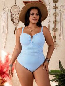 Swim Lushoire 加大码欧美风女式条纹连体露背收腹泳衣 - 淺藍色 - 查看 5