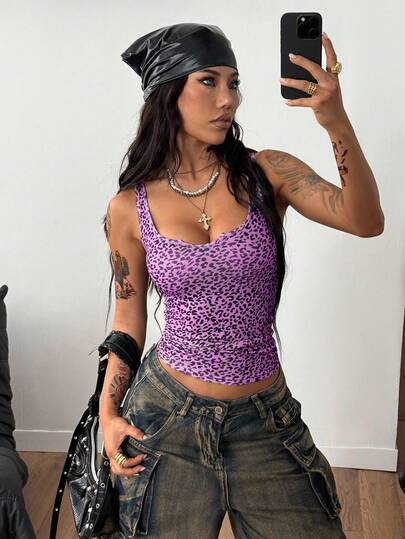 Coolane Women's Summer Music Festival Streetwear Sexy Casual Y2k Daily Wear Rib Knit Graphics Leopard Stretchy Purple Notched Sleeveless Tank Tops