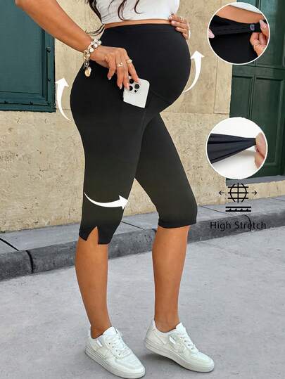 SHEIN 孕妇纯色可调节腰带口袋七分打底裤