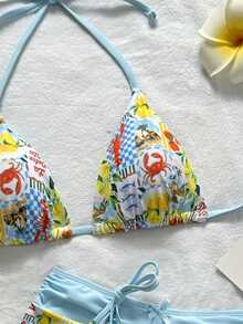 Swim Mod Bộ bikini tam giác cổ chữ V hở lưng in họa tiết biển mới dành cho nữ, size 26SS, mùa xuân/hè, bao gồm áo tam giác, quần buộc dây bên hông và quần lót. Trang phục đi biển dành cho nữ, trang phục dự tiệc bể bơi cho nữ. - Nhiều màu - Xem 6
